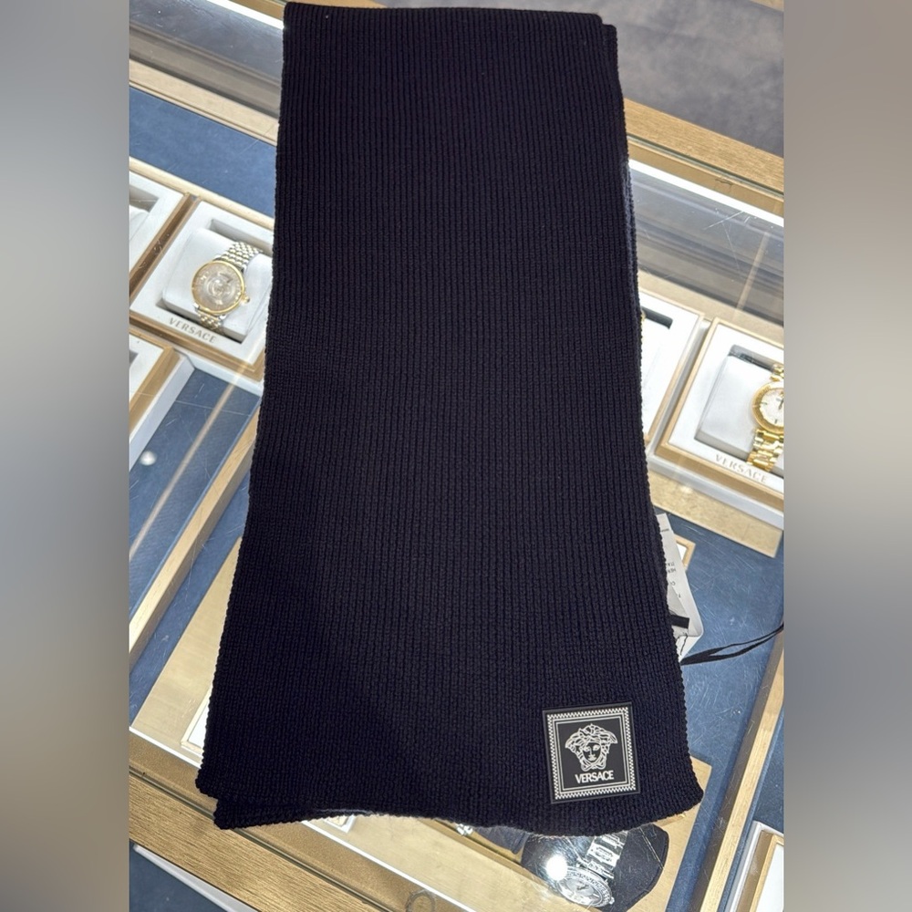 Versace Medusa Wool Ribbed Scarf Dark Navy